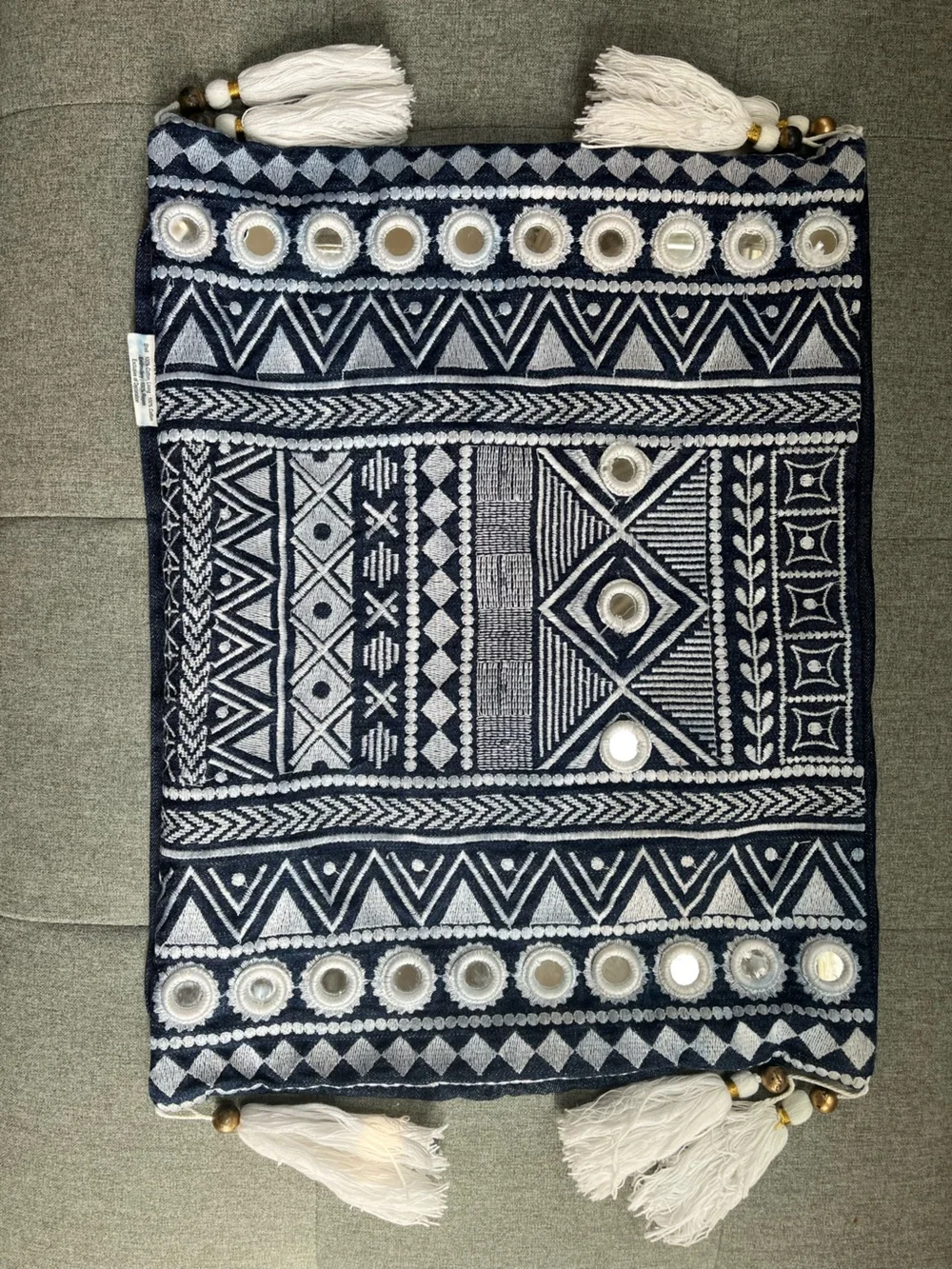 Kim Seybert Navy & White Embroidered and Mirrors Tassel Pillow Cover 100% Cotton